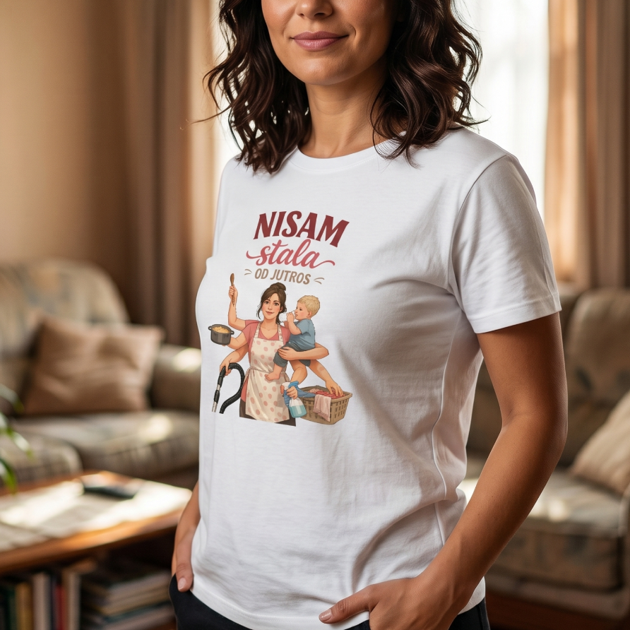 zenska majica sanatpisom nisam-stala od jutros bela ravni  kroj