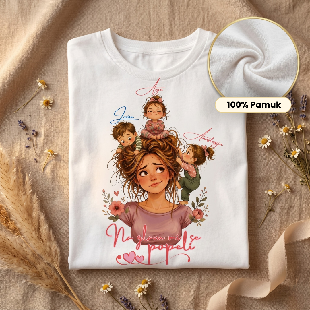 ilustracija mama i deca na glavi personalizovana majica poklon